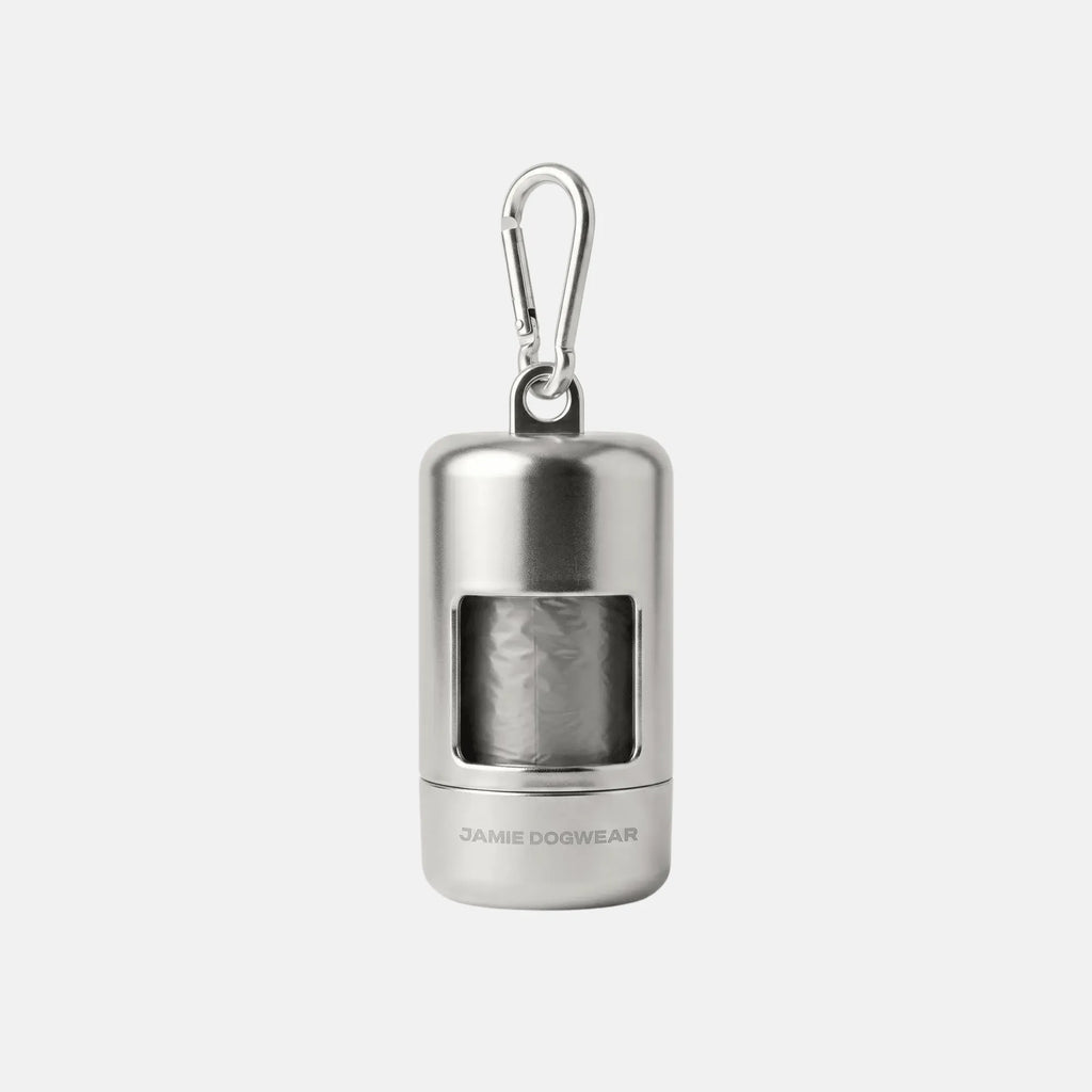 Glint silver poop bag holder with matching silver poop bags by Jamie Dogwear.
