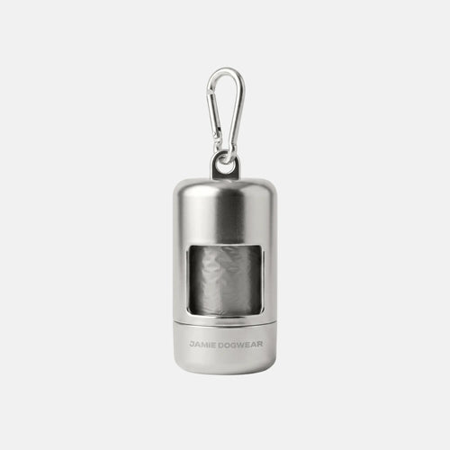 Glint silver poop bag holder with matching silver poop bags by Jamie Dogwear.