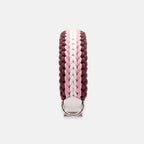 Handmade Strata braided dog collar in Dahlia, featuring pink, burgundy and white paracord with an adjustable vegan leather strap by Jamie Dogwear.