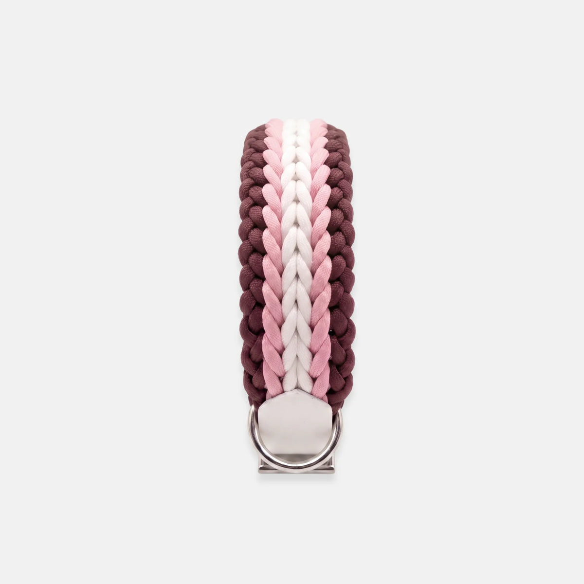 Handmade Strata braided dog collar in Dahlia, featuring pink, burgundy and white paracord with an adjustable vegan leather strap by Jamie Dogwear.