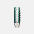 Handmade Strata braided dog collar in Fern, featuring green and white paracord with an adjustable vegan leather strap by Jamie Dogwear.