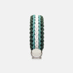 Handmade Strata braided dog collar in Fern, featuring green and white paracord with an adjustable vegan leather strap by Jamie Dogwear.