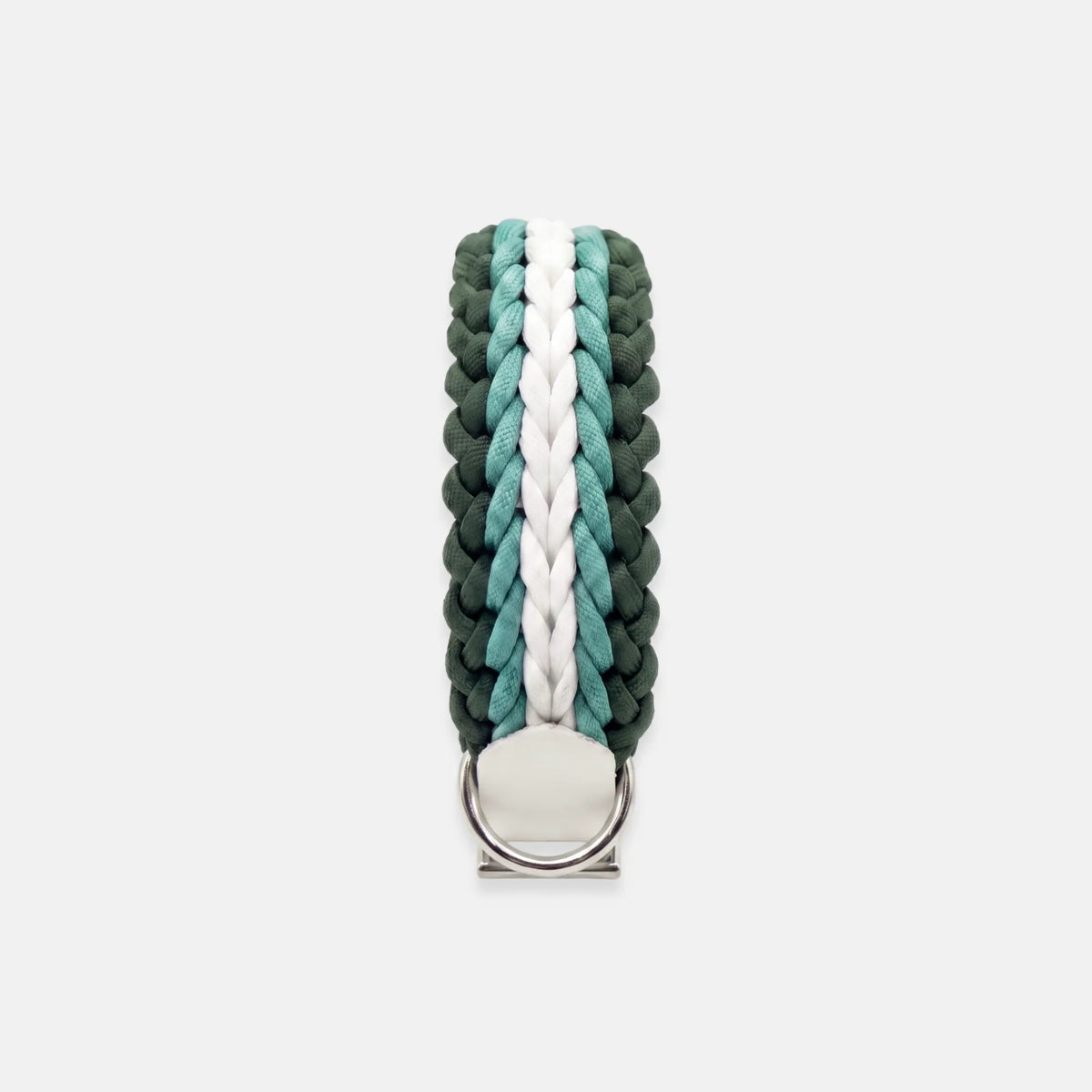 Handmade Strata braided dog collar in Fern, featuring green and white paracord with an adjustable vegan leather strap by Jamie Dogwear.