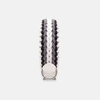 Handmade Strata braided dog collar in Onyx, featuring black and white paracord with an adjustable vegan leather strap by Jamie Dogwear.