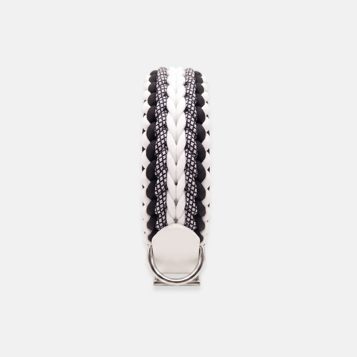 Handmade Strata braided dog collar in Onyx, featuring black and white paracord with an adjustable vegan leather strap by Jamie Dogwear.