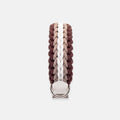 Handmade Strata braided dog collar in Sandstone, featuring brown, beige and white paracord with an adjustable vegan leather strap by Jamie Dogwear.