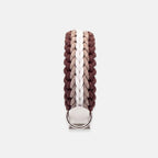 Handmade Strata braided dog collar in Sandstone, featuring brown, beige and white paracord with an adjustable vegan leather strap by Jamie Dogwear.