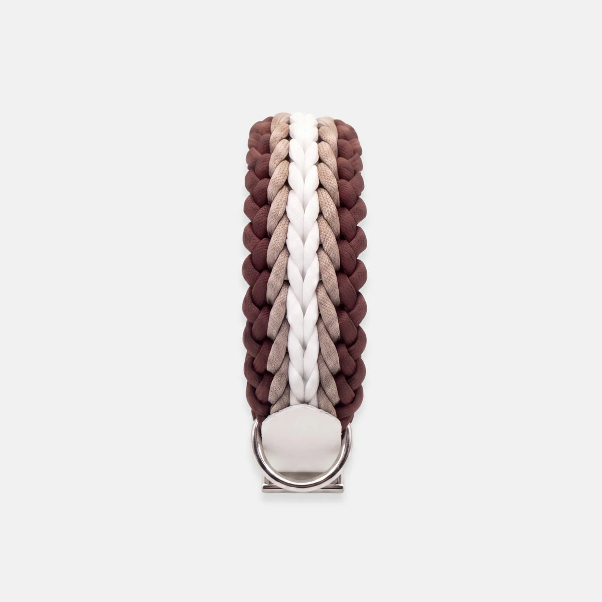 Handmade Strata braided dog collar in Sandstone, featuring brown, beige and white paracord with an adjustable vegan leather strap by Jamie Dogwear.