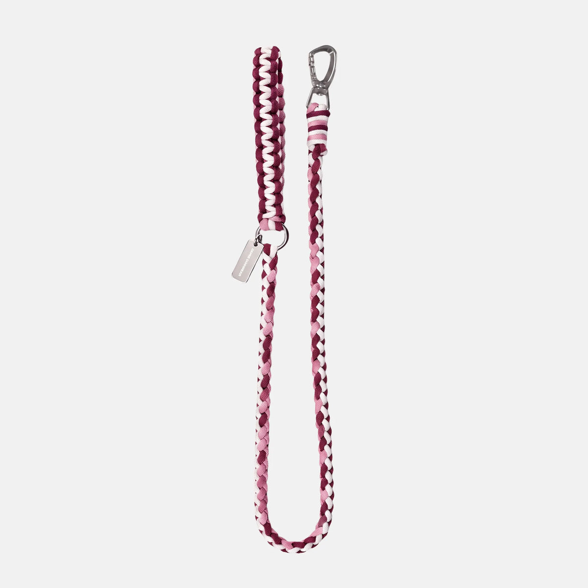 Handmade Strata braided dog lead in Dahlia, featuring pink, burgundy and white paracord by Jamie Dogwear.